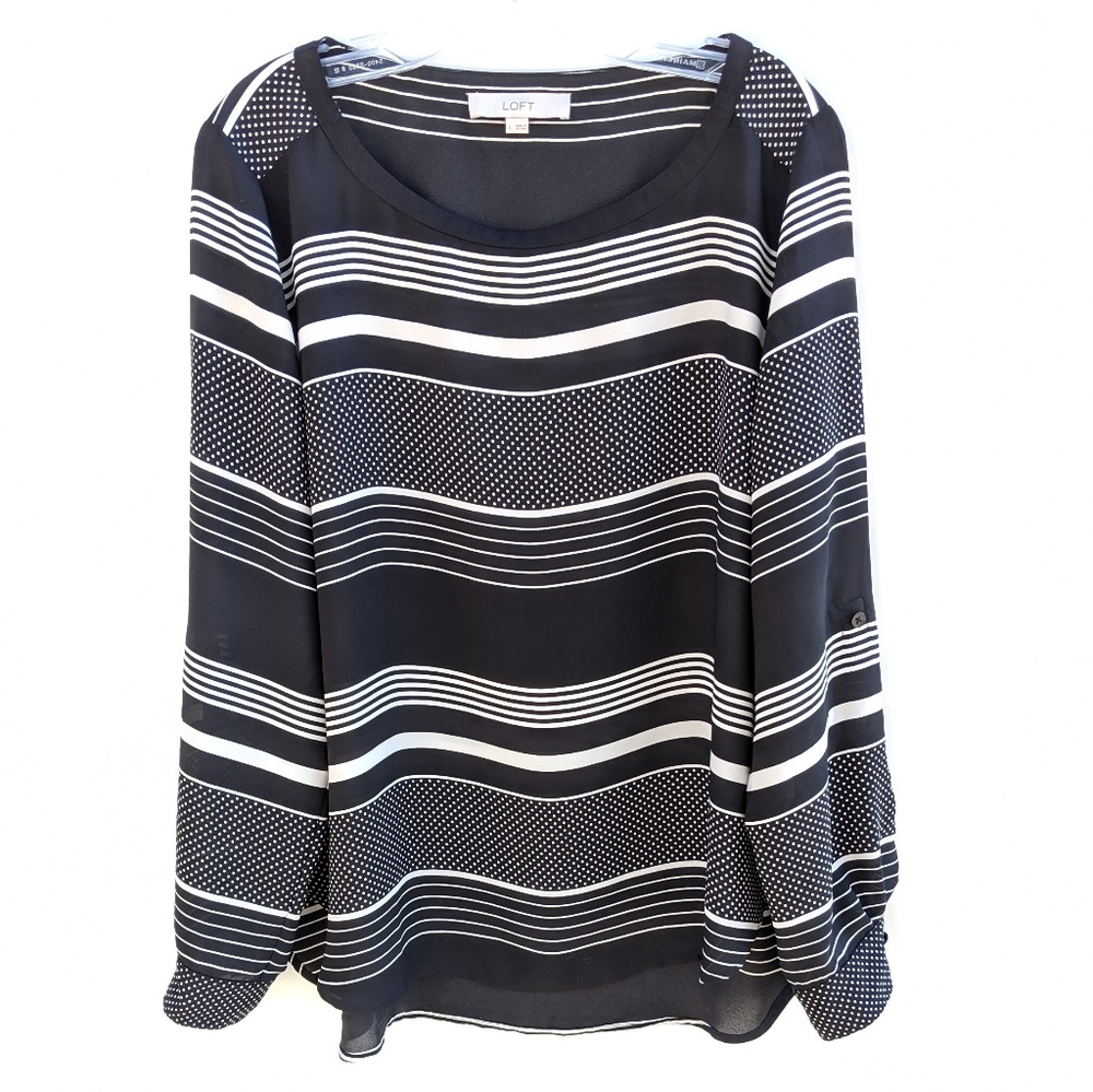 LOFT Ann Taylor Black White Striped Polka Dot Top